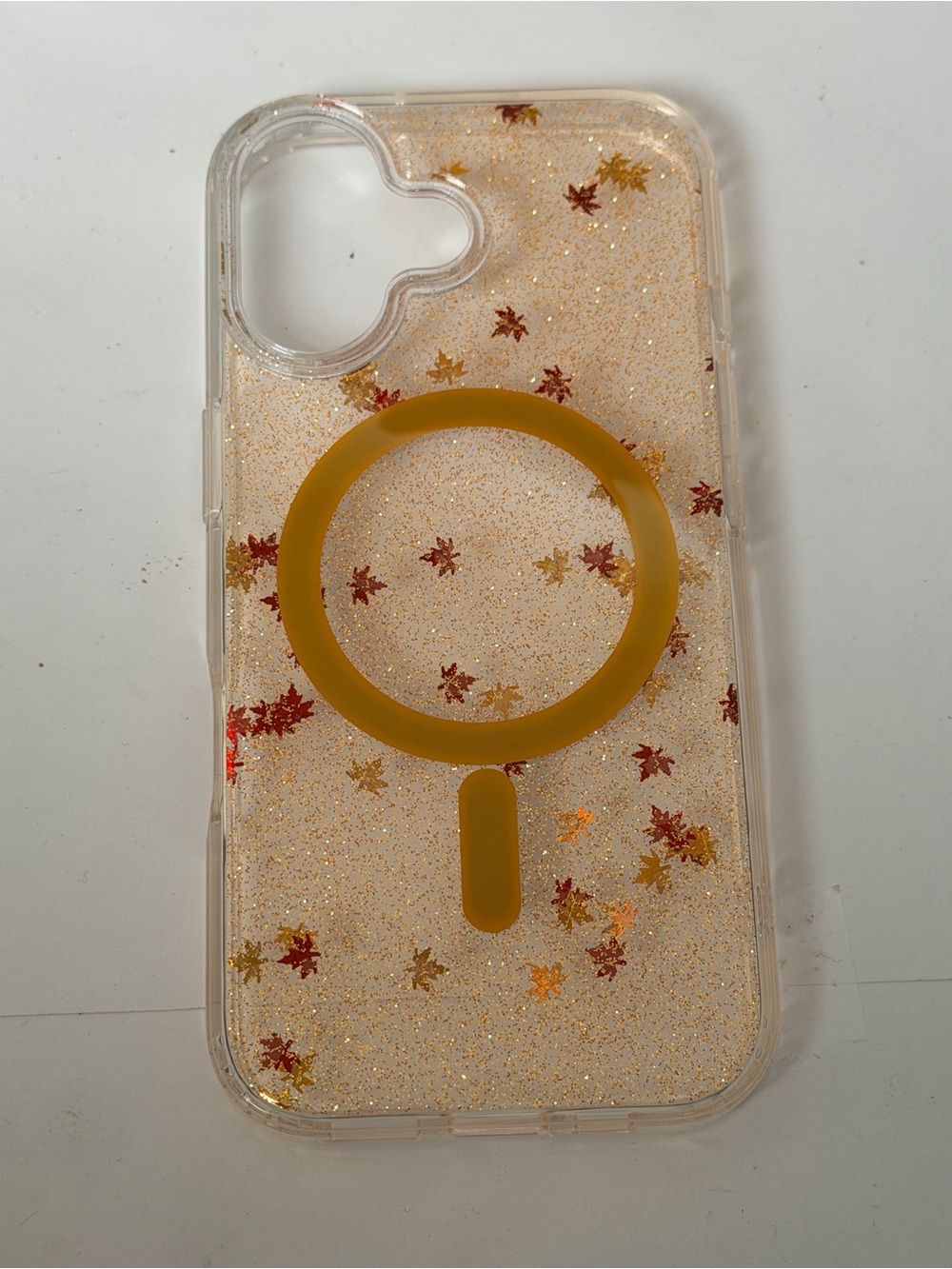 iPhone 17 Clear Glitter Fall Leaves MagSafe-Compatible Phone Case - Yellow Ring